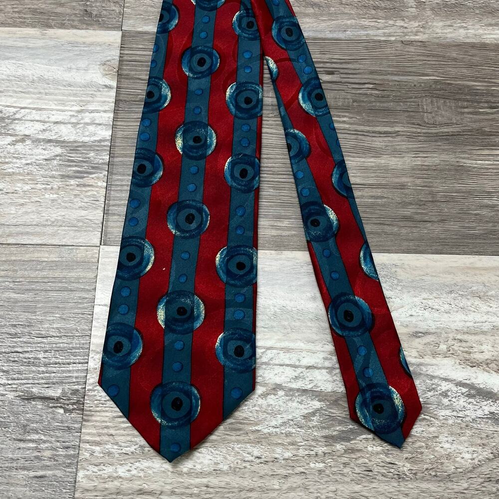 Boss Hugo Boss Red‎ Blue Abstract Circles Mens 57" 100% Silk Necktie Italy Made